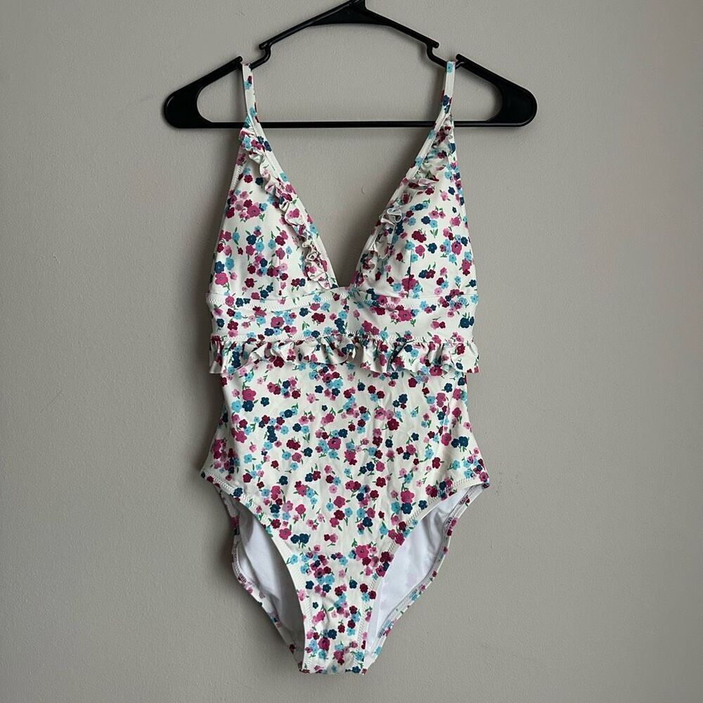 J Crew Ruffle V-neck One-Piece Swimsuit in Little Bloom White Pink Floral size 6